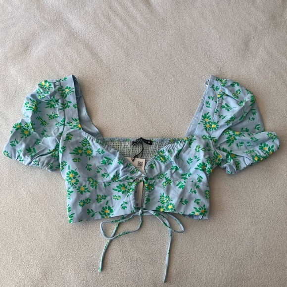 NWT Zara Floral Linen Blend Puff Sleeve Crop Top S - Picture 5 of 14